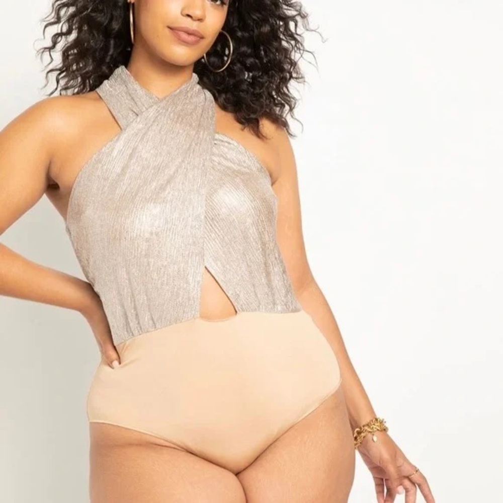 NWT Eloquii Silver Metallic Twist Cut Out High Neck Bodysuit